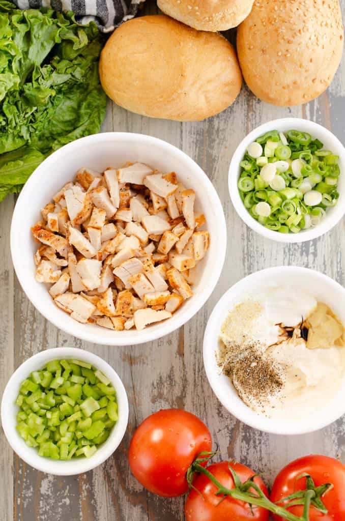 smoked chicken salad ingredients on table in bowls