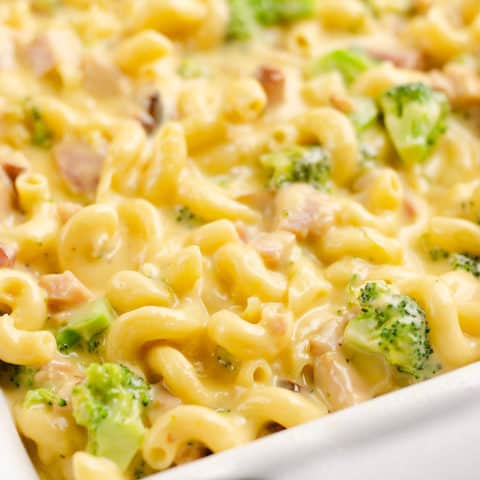 mac and cheese with broccoli and ham in casserole