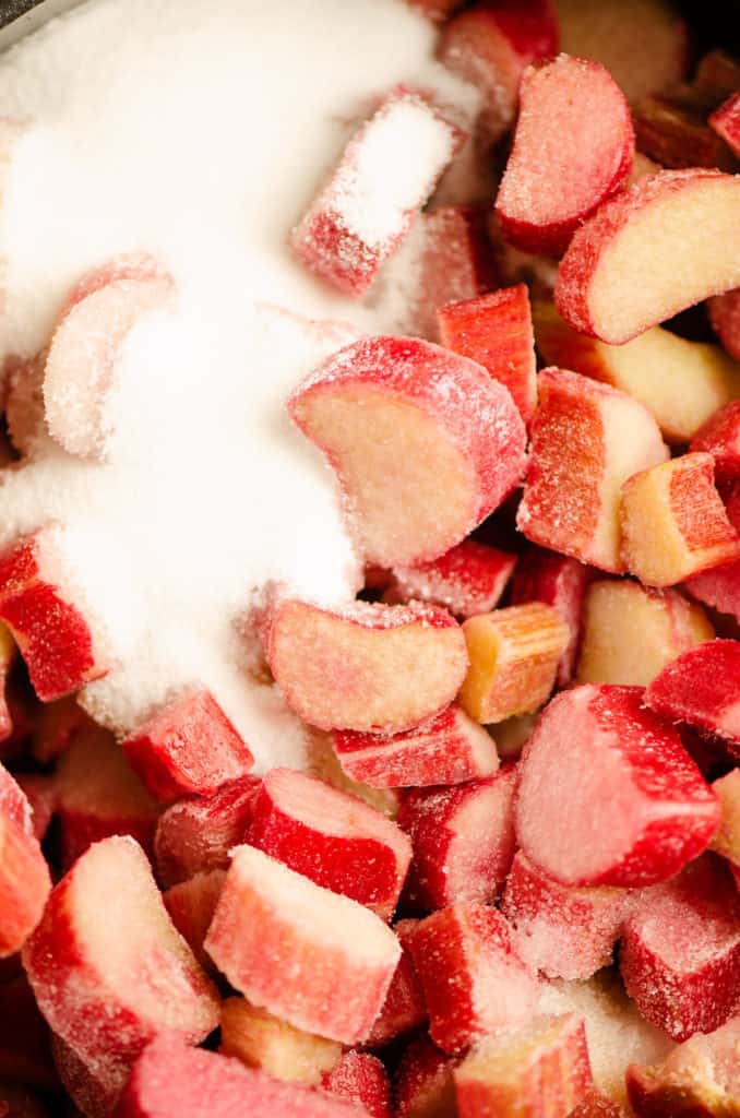 rhubarb and sugar in pan