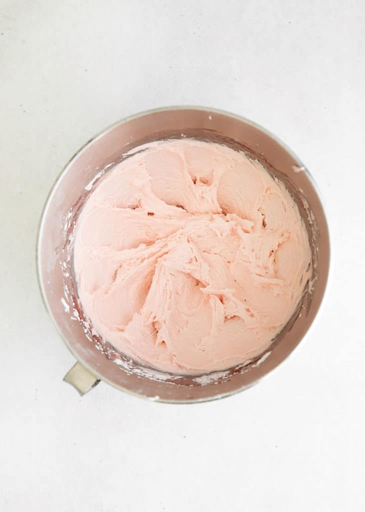 rhubarb frosting in mixing bowl