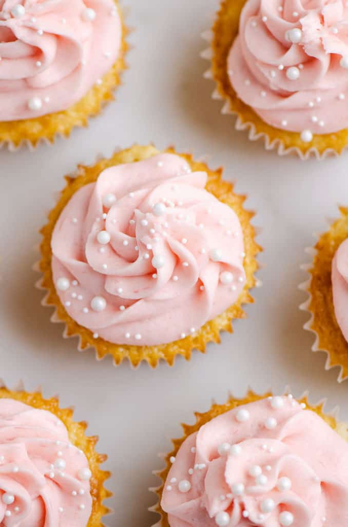 rhubarb honey cupcakes on marble table