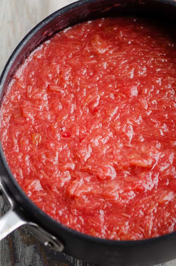 rhubarb honey sauce in saucepan