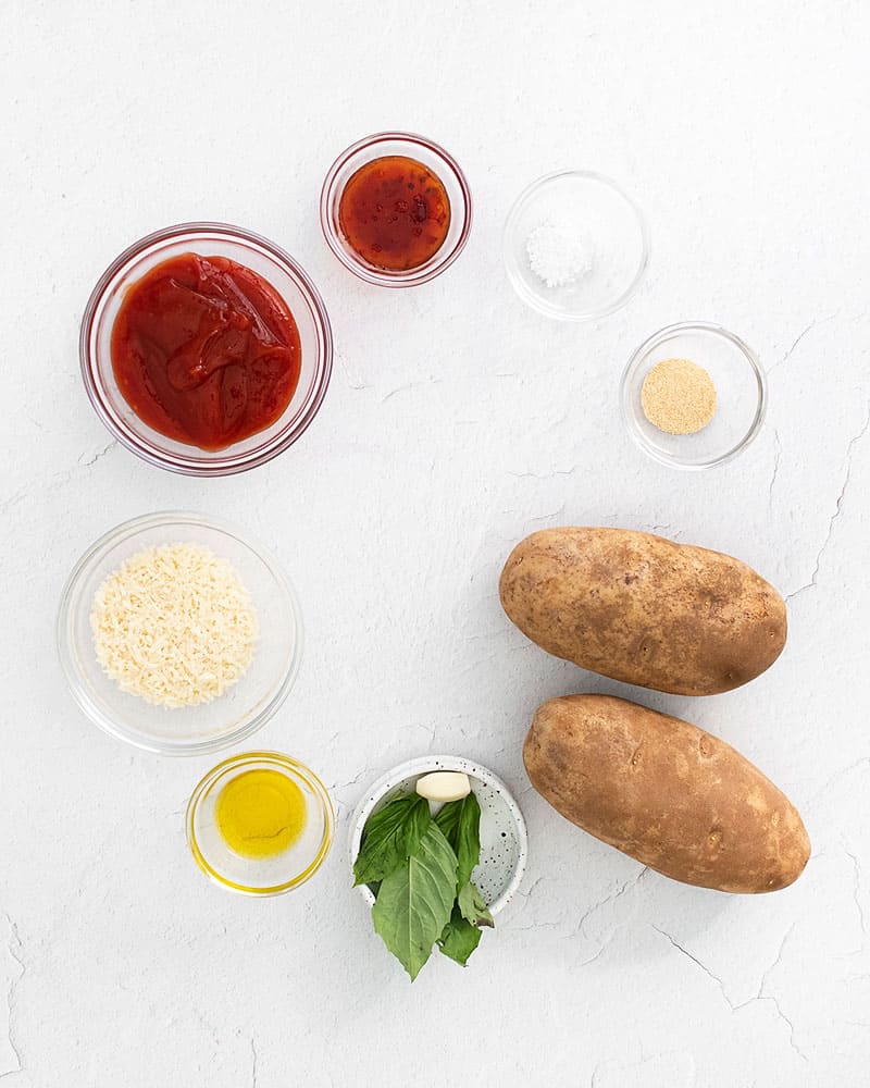 french fries ingredients on white table