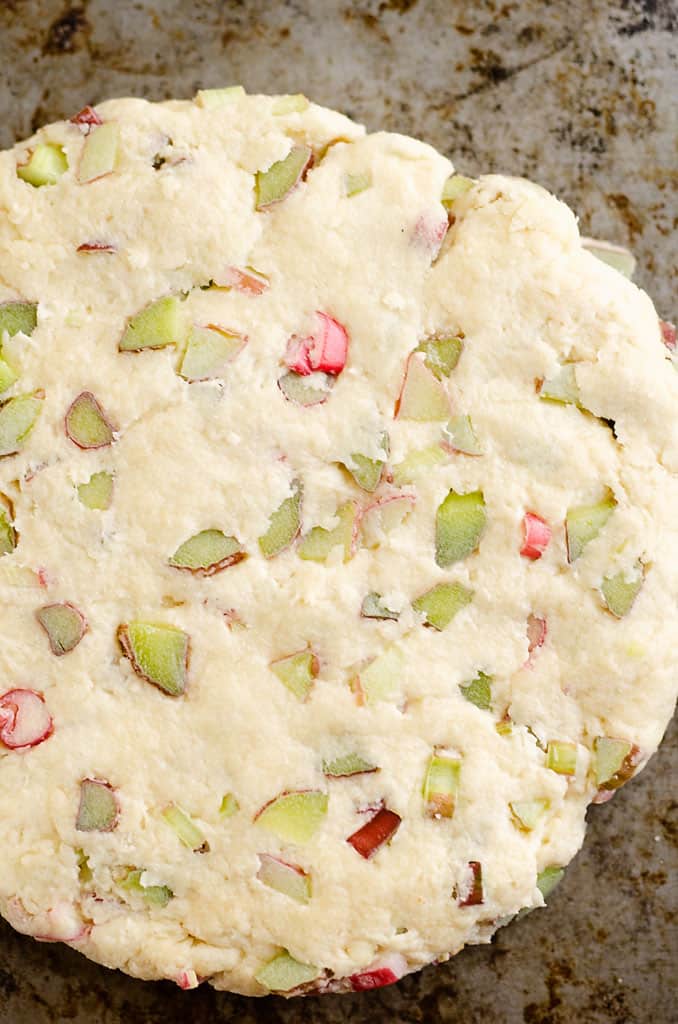 rhubarb scone dough pressed out on greased cookie sheet