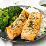 dill salmon on a bed of rice