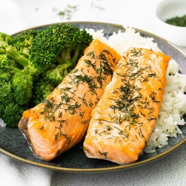 dill salmon on a bed of rice
