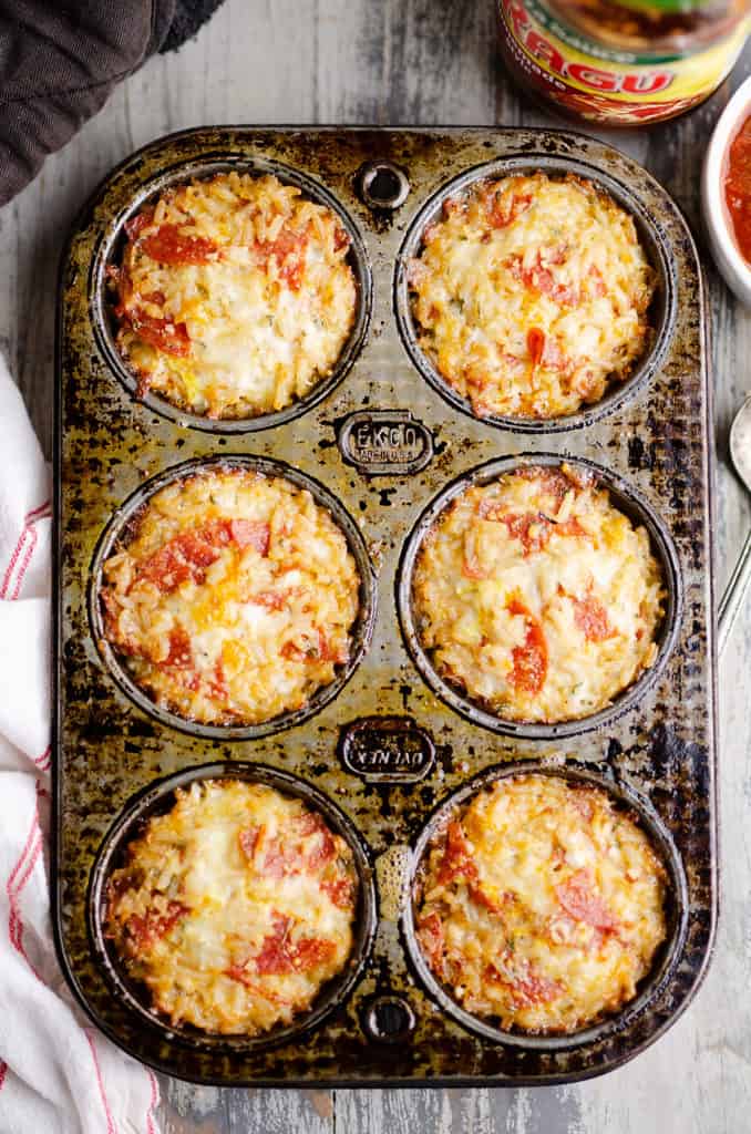 pizza rice cups in muffin tin