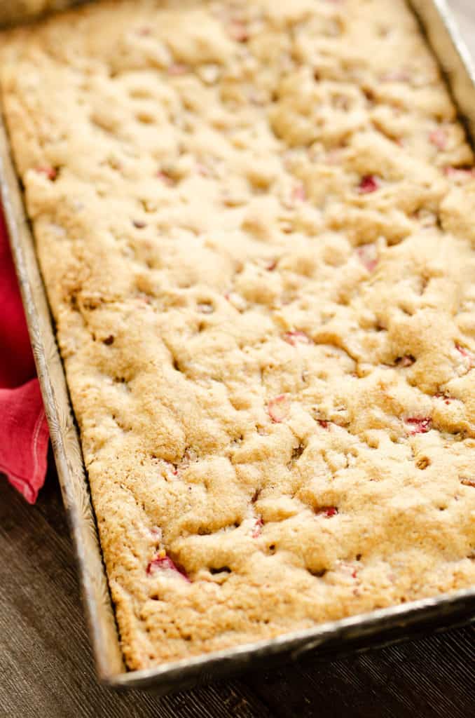 rhubarb pecan cake in 9x13 pan