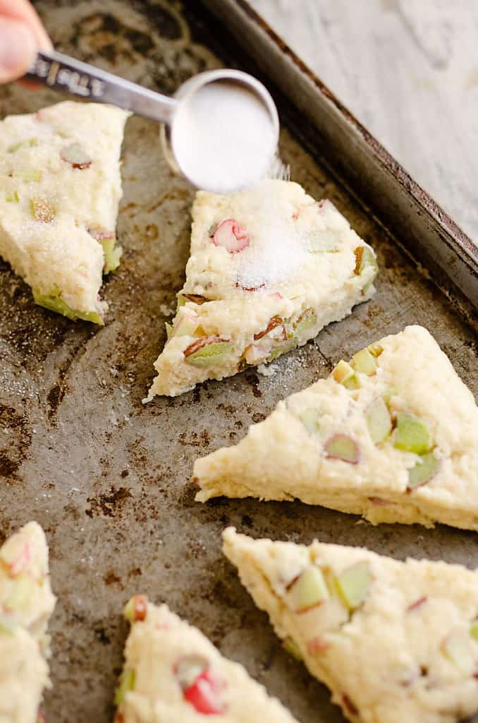 rhubarb scones being sprinkled with granulated sugar