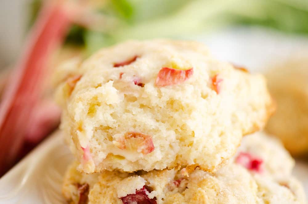 broken rhubarb scone stacked on platter