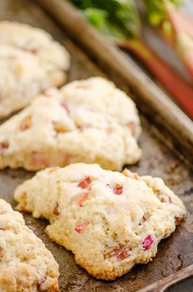 rhubarb scones on cookie sheet next to fresh rhubarb stalks