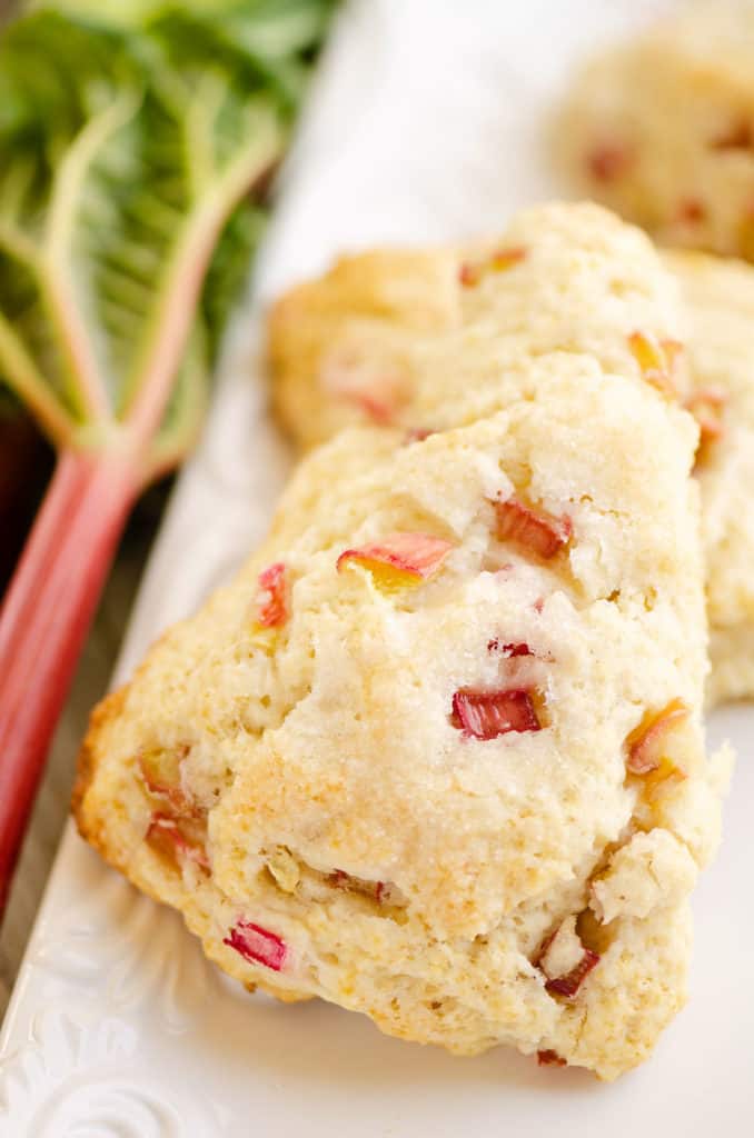 rhubarb scones on white platter