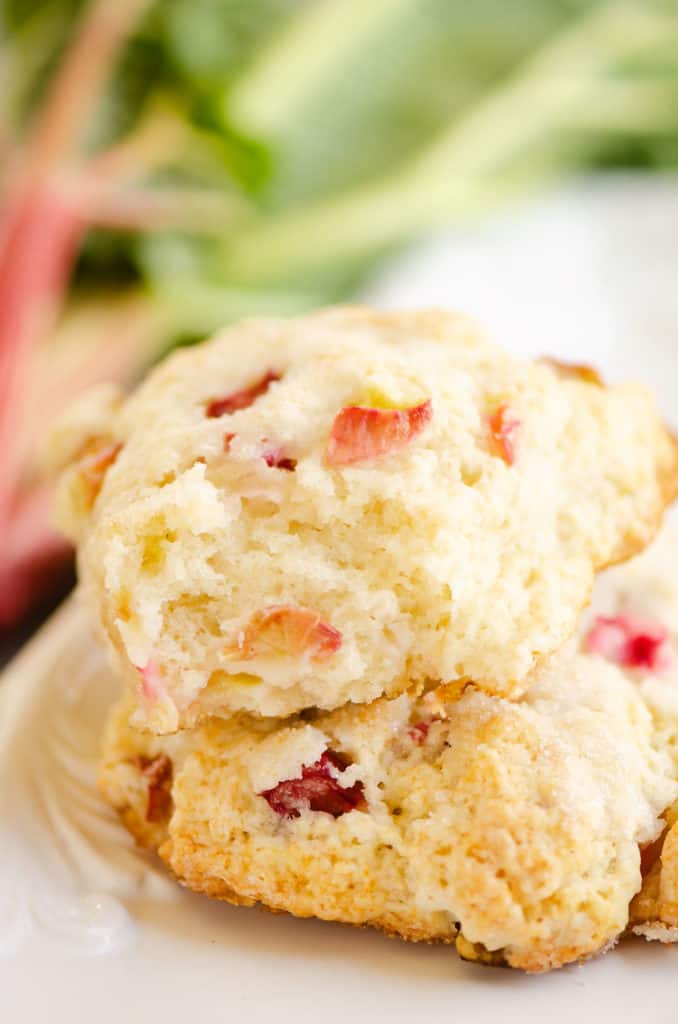 inside of rhubarb scone stacked on white platter