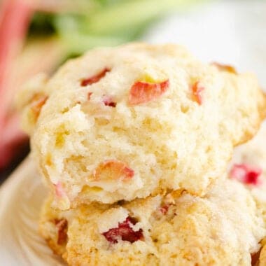 broken rhubarb scone stacked on platter