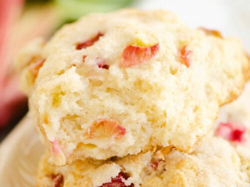 broken rhubarb scone stacked on platter