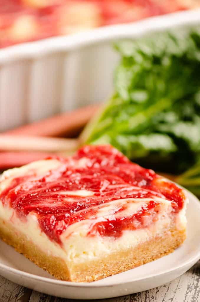 strawberry rhubarb cheesecake bar on white plate with stalks of rhubarb