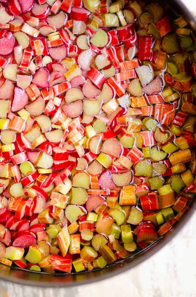 chopped rhubarb cooked in water