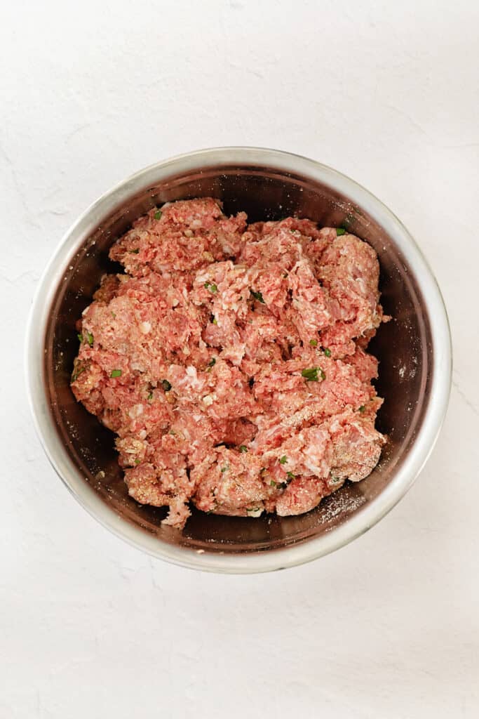 pork and beef meatball mixture in stainless steel bowl