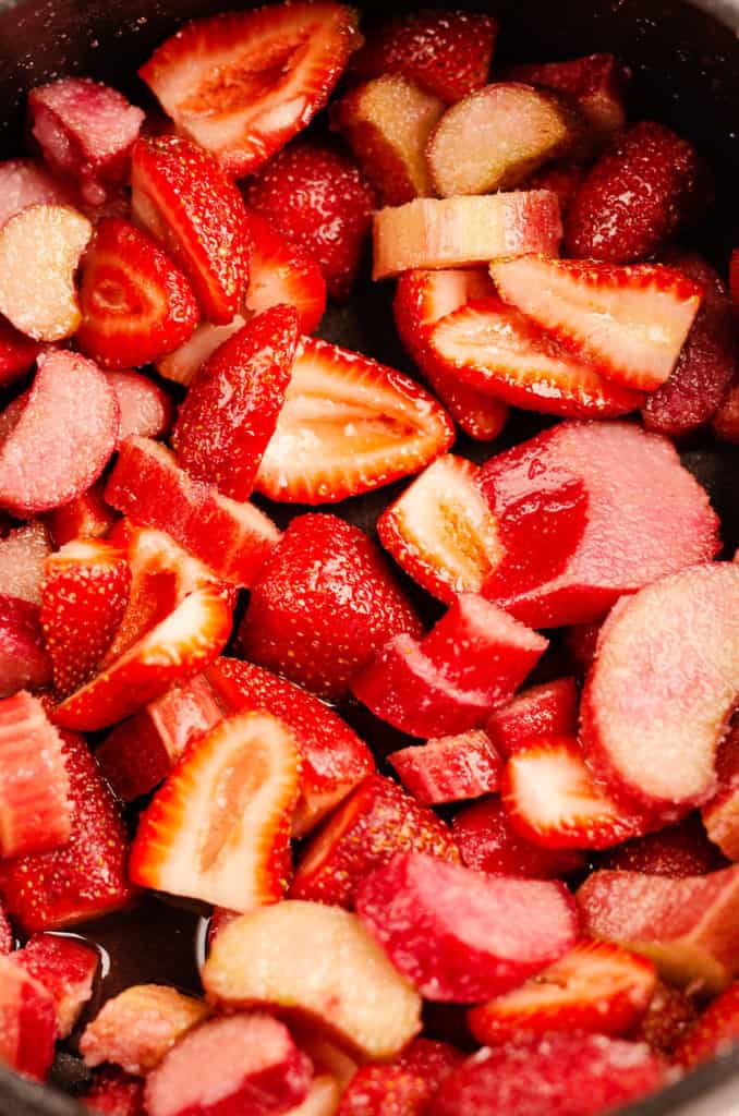strawberries and rhubarb in saucepan