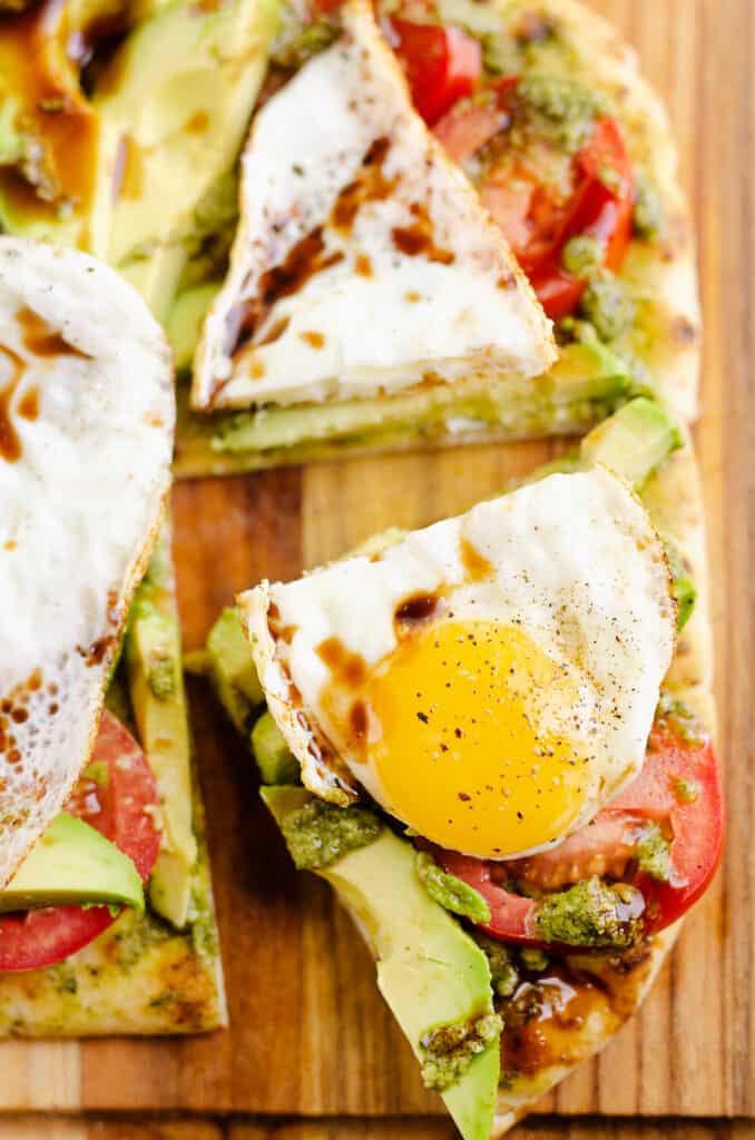 breakfast flatbread sliced in quarters