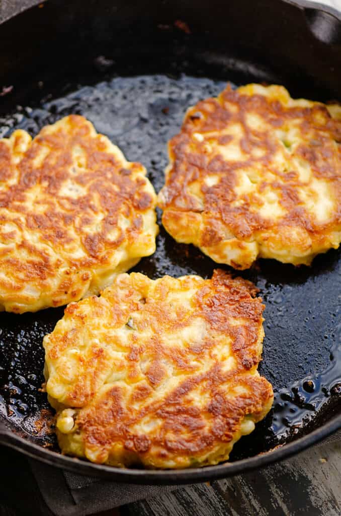 corn fritters in cast iron pan