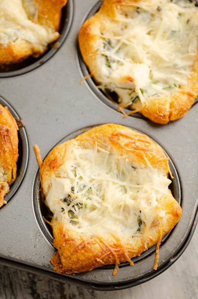 chicken broccoli crescent cups in muffin tin on table