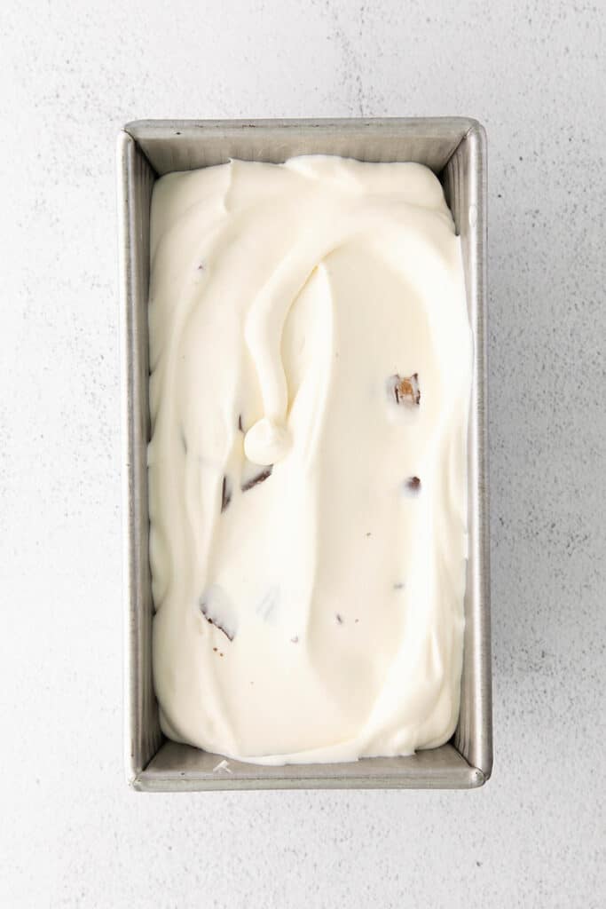 Moose Tracks No Churn Ice Cream 9 fudge swirled ice cream scoops in glass bowl