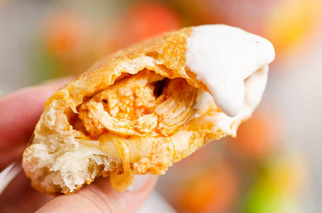 buffalo chicken pocket dipped in ranch sauce