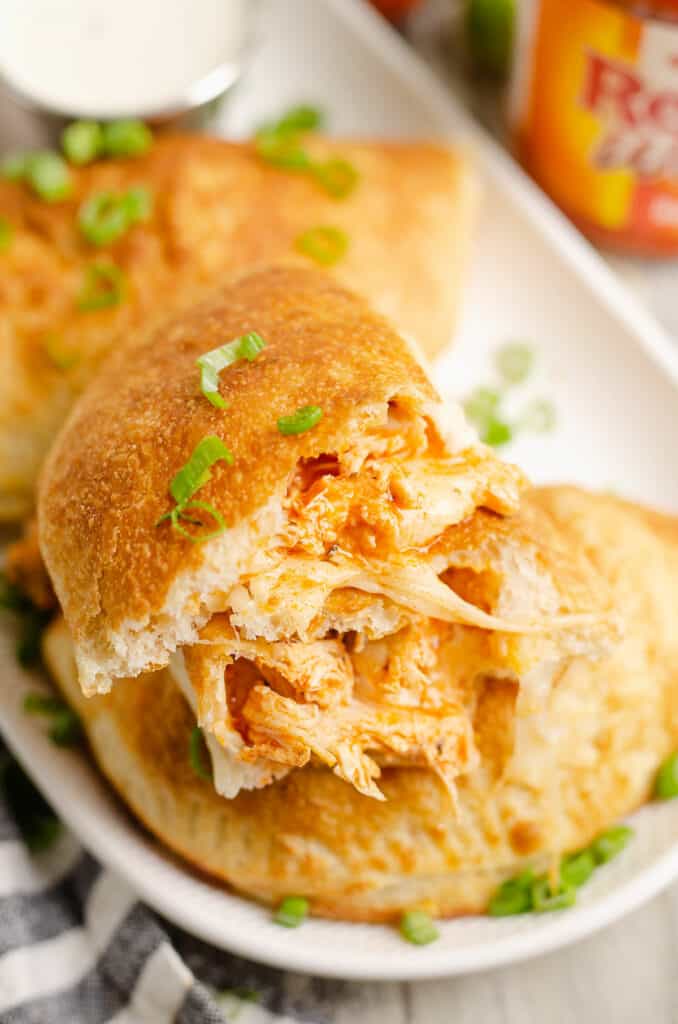 cheesy buffalo chicken pocket on platter