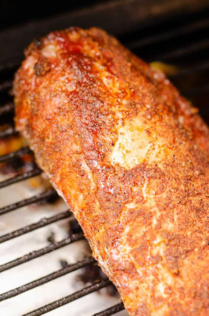 seasoned smoked pork loin on Traeger grill