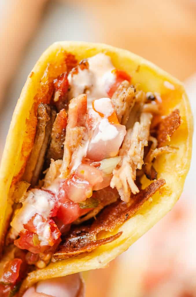 folded crispy cheese pork carnitas taco