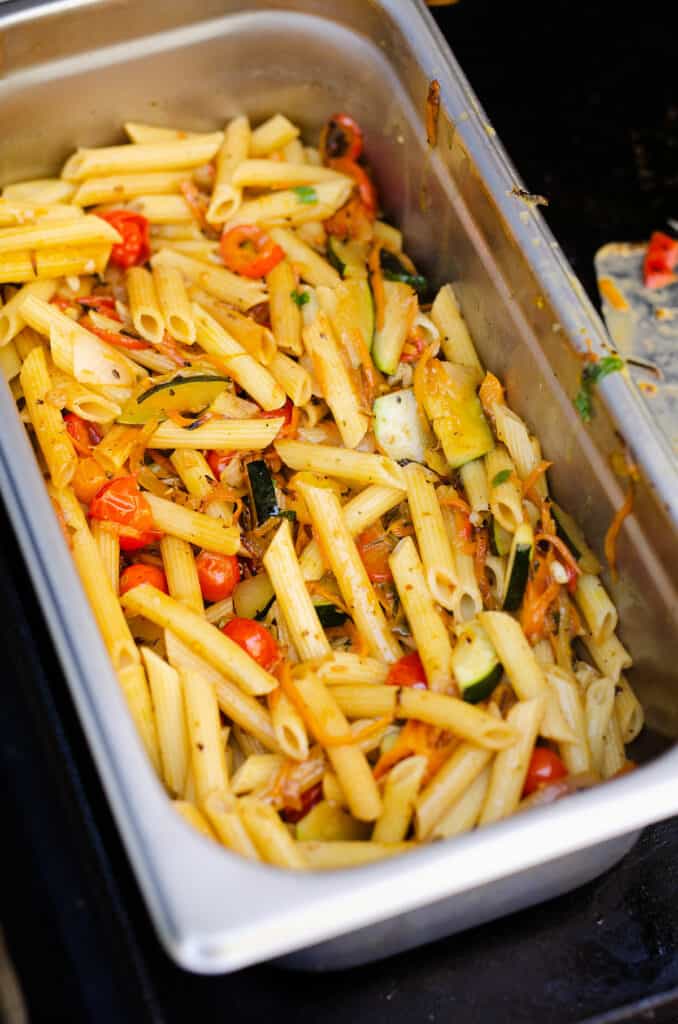 Pasta Primavera in hotel pan on Blackstone griddle