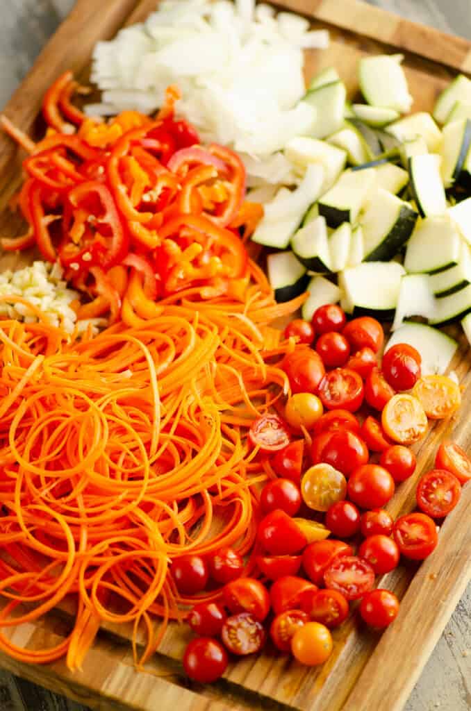 vegetables chopped on cutting board for Pasta Primavera