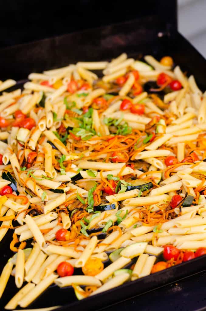 Pasta Primavera cooking on Blackstone griddle