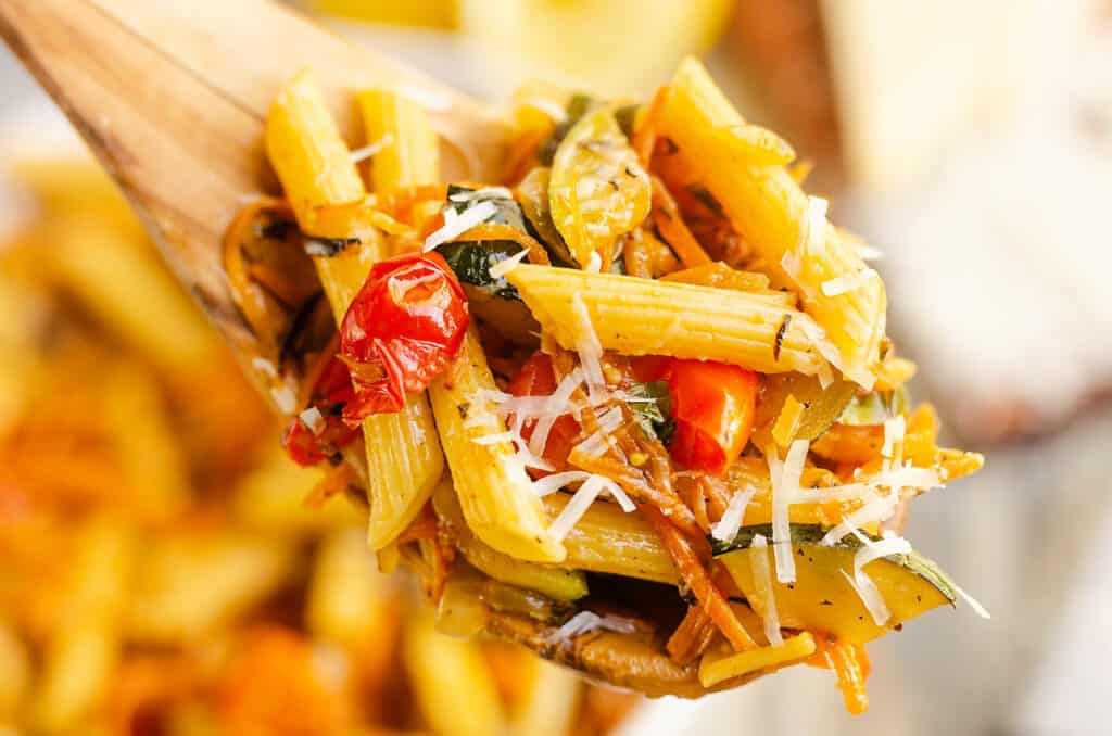 Pasta Primavera on wooden spoon