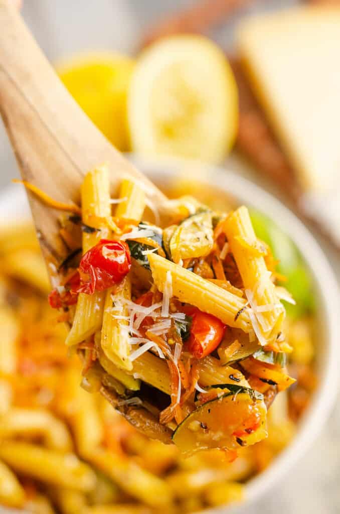 Pasta Primavera on wooden spoon