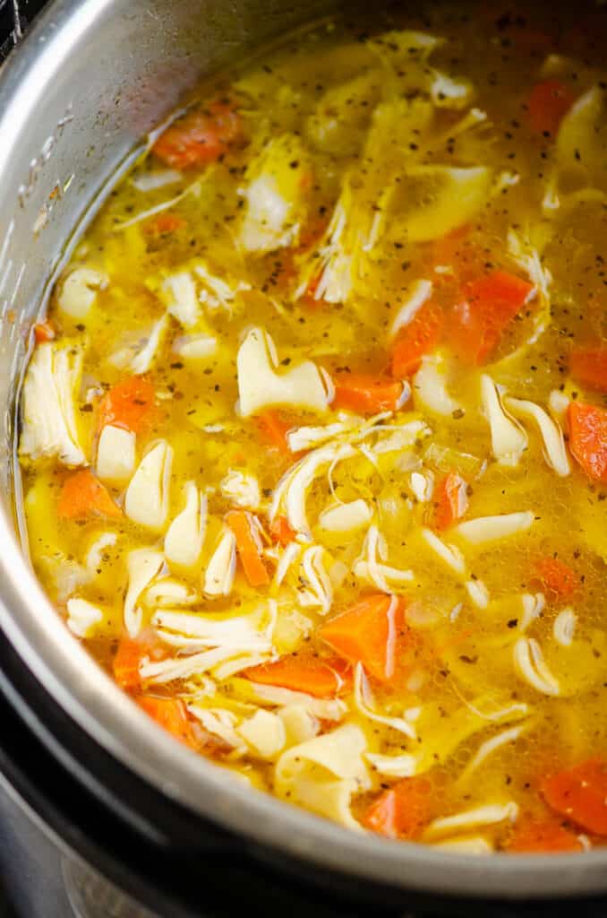 bowl of Greek chicken noodle soup in Instant Pot