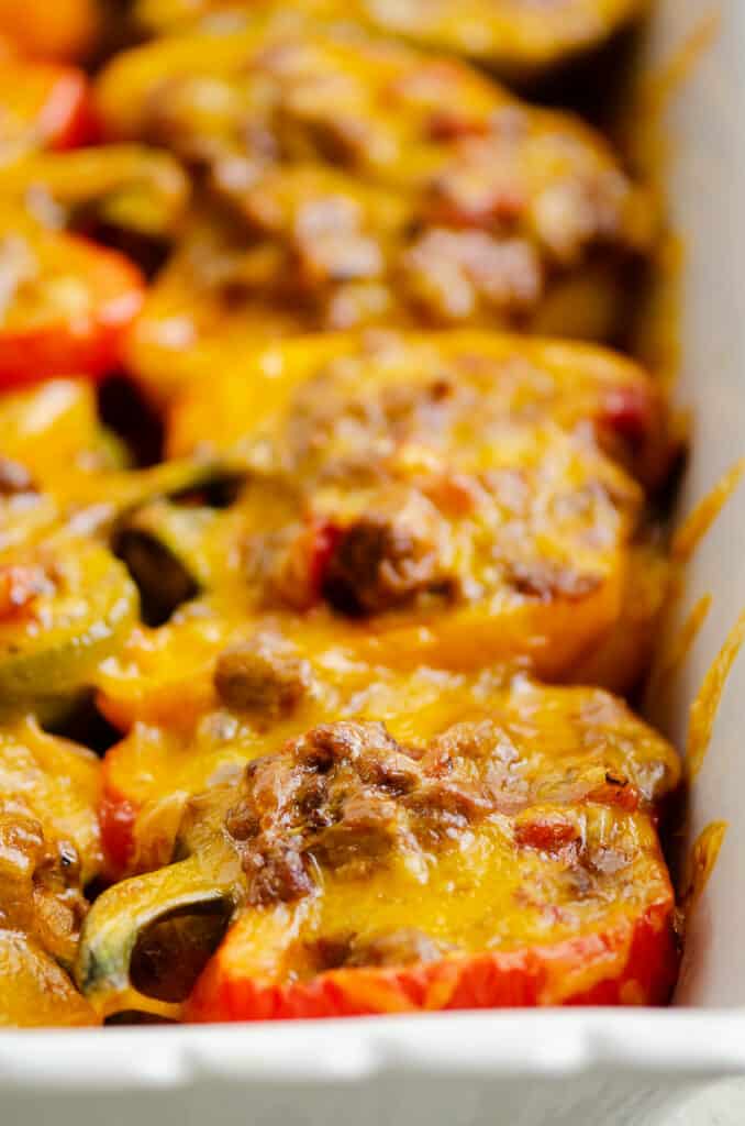 Keto cheesy stuffed peppers in baking pan