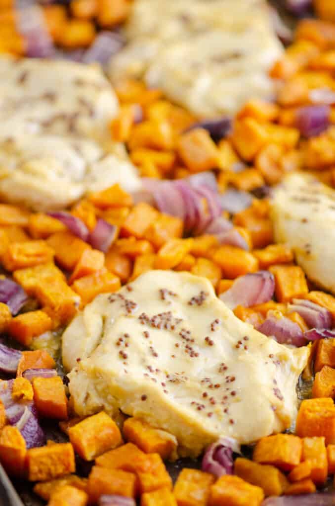 honey mustard chicken breast and sweet potatoes and onions