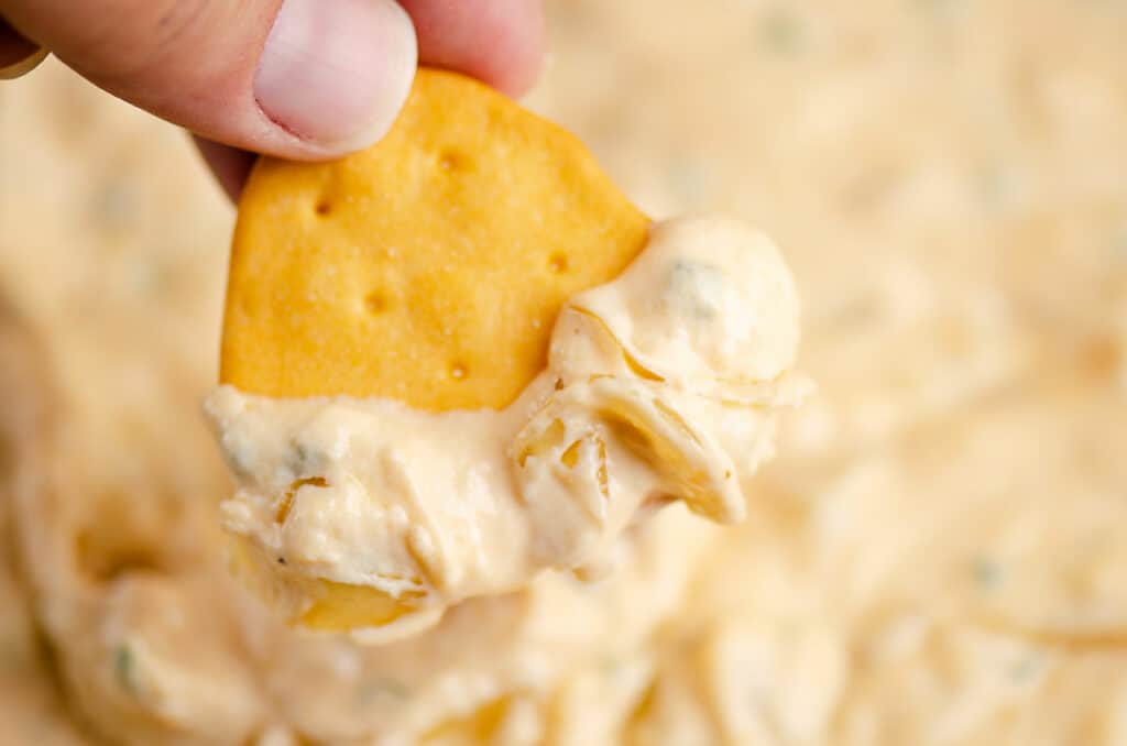 cheesy cracker dipped in caramelized onion dip