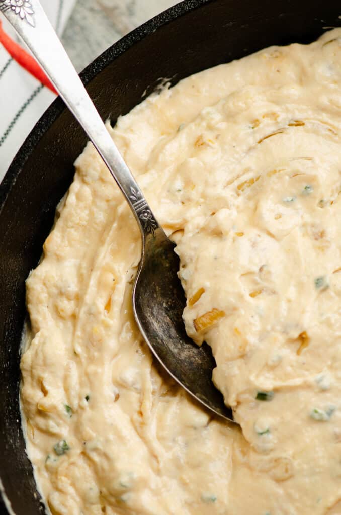 spoon scooping cheesy caramelized onion dip