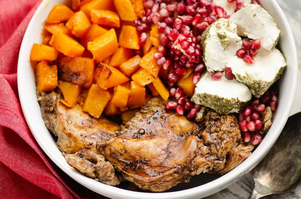 balsamic chicken, squash, pomegranate and goat cheese bowl