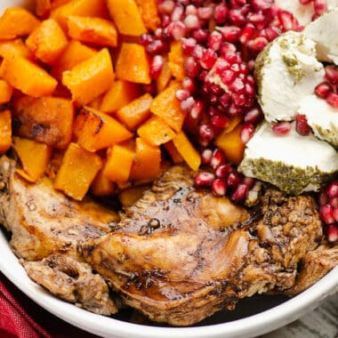 balsamic chicken, squash, pomegranate and goat cheese bowl
