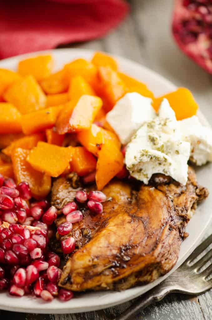 balsamic chicken, squash, pomegranate and goat cheese dinner