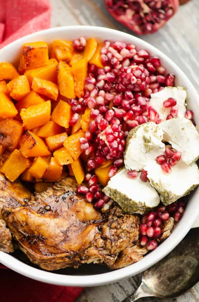 balsamic chicken & butternut squash dinner with pomegranate arils and goat cheese
