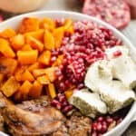 balsamic chicken & butternut squash bowl with pomegranates and herb goat cheese
