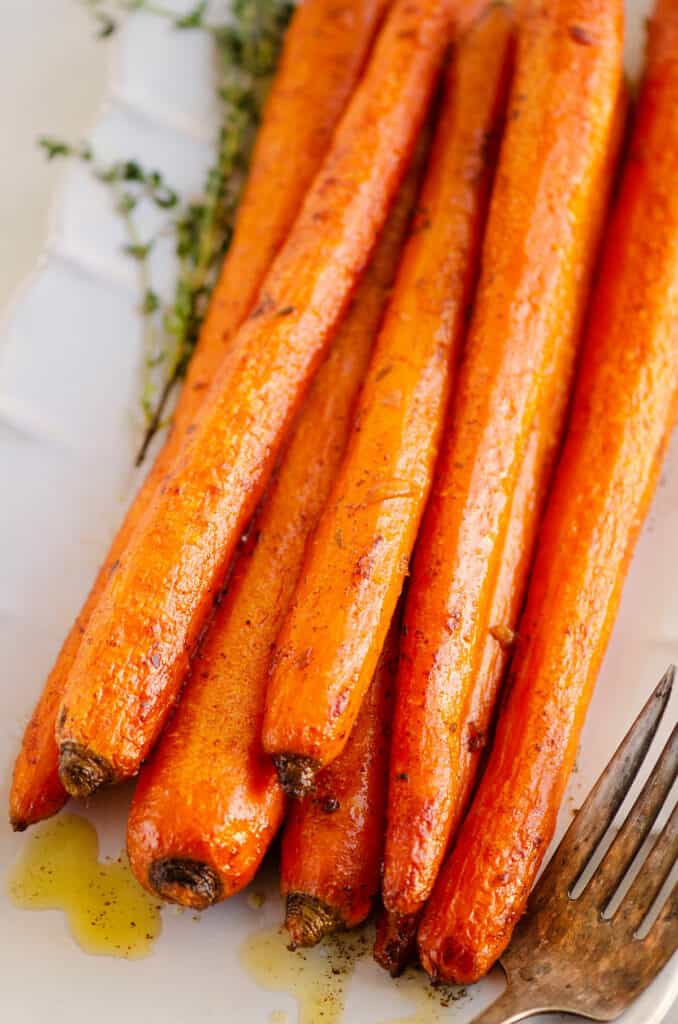Roasted brown butter carrots with thyme sprig