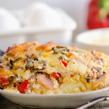 slice of ham and vegetable egg bake on kitchen table