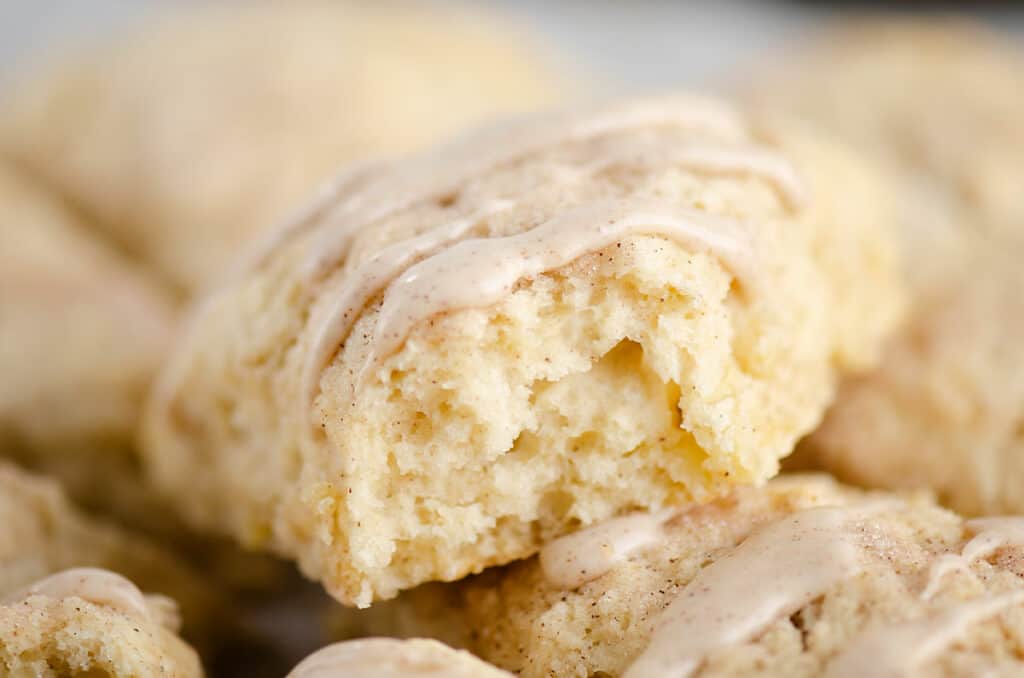 inside of cinnamon glazed scone stacked