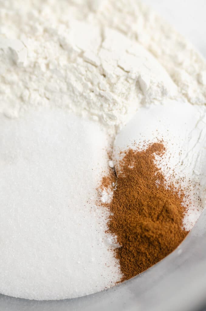 dry ingredients for cinnamon scone batter in bowl